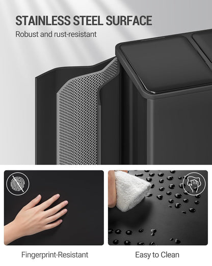 Hzuaneri Garbage Separation System for Kitchen, 3 Compartments, 45L (3 x 15 L), Stainless Steel Kitchen Waste Bin, Pedal Bin with Colour-Codable Pedals, Waste Bin, Quiet Slow Descent, Black