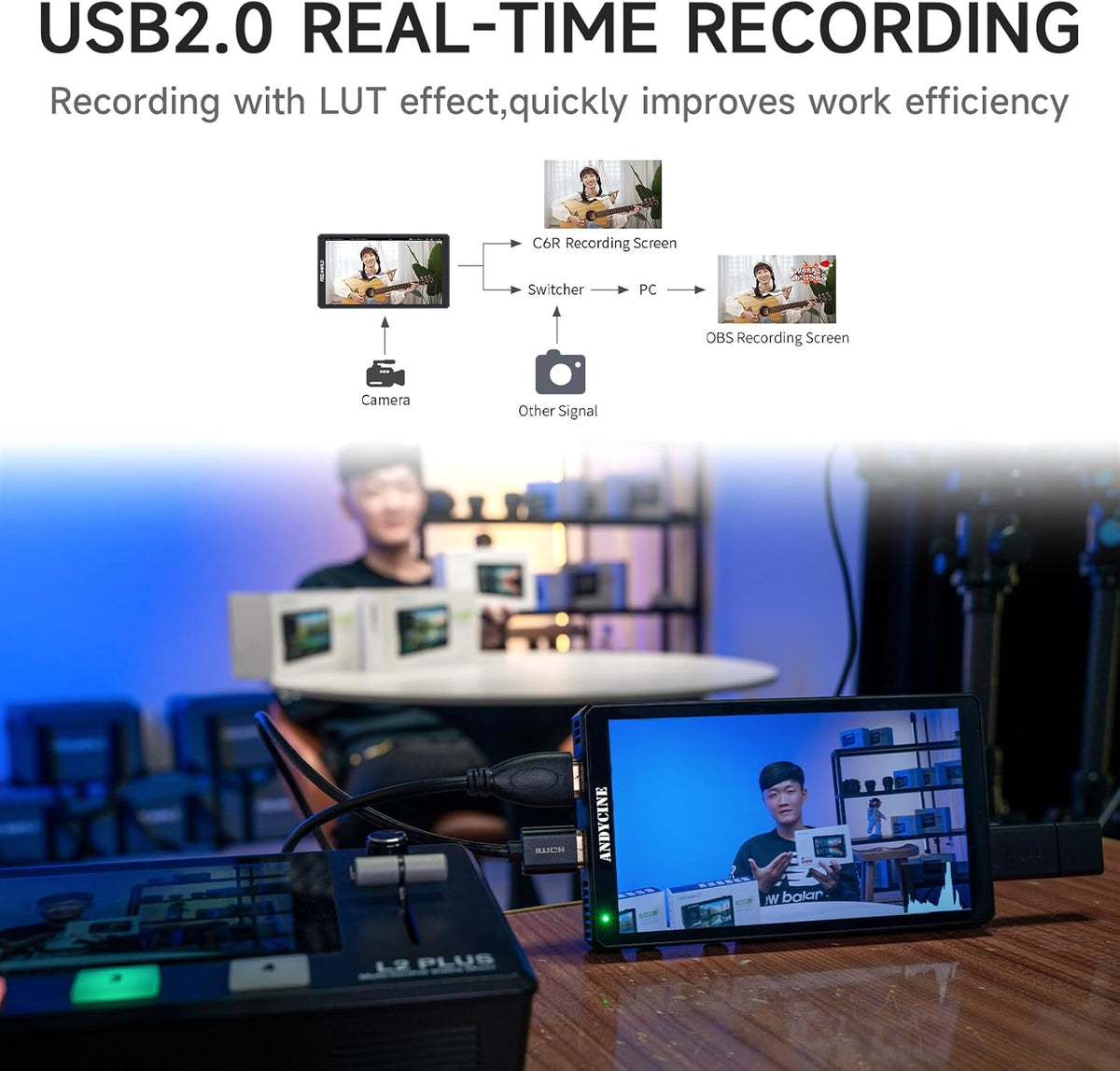 ANDYCINE C6R 6 inch Camera Monitor with VCR, 4K 60Hz HDR DSLR Mirrorless Camera Field Touch Screen with 3D LUT 1920x1080 RGB Waveform Histogram - QUORE