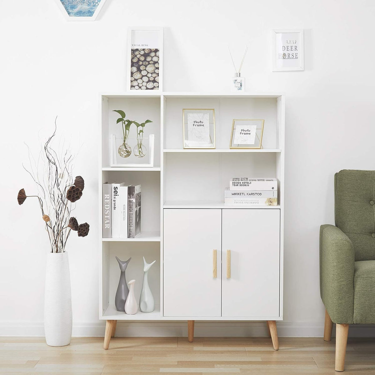 Meerveil Sideboard, commode met 2 deuren en 5 vakken, verstelbare plank, hout, voor woonkamer, slaapkamer, keuken, 85 x 30 x 120 cm, wit