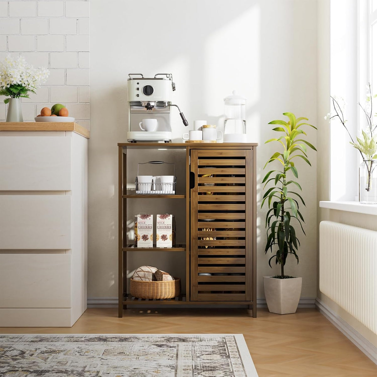 HITNET Badkamer Opberg Vloerkast, bamboe keuken bijzettafel organisator eenheid vrijstaand, met enkele deur en 3 open planken, Walnoot