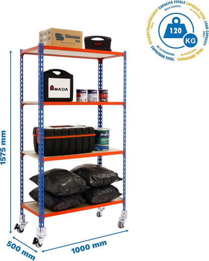 Opbergrek 4 Niveaus Blauw – Stellingkast – Magazijnstelling – Opslagrek – Garagerek – Verstelbaar In Lengte – Schroefloos Insteeksysteem