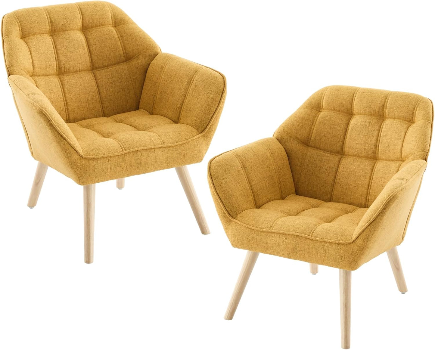 chairus Single Sofa Accent Chair Set of 2 Linen Tub Chairs Upholstered for Living Room Modern Cocktail Armchair with Wooden Legs (Yellow-2)