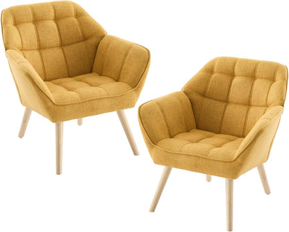 chairus Single Sofa Accent Chair Set of 2 Linen Tub Chairs Upholstered for Living Room Modern Cocktail Armchair with Wooden Legs (Yellow-2)