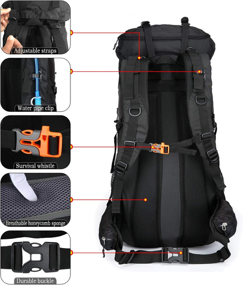 Wandelrugzak - Kampeertas - Trekking rugzak - Camping Essentials Tas - met Regenhoes - 70L - Lichtgewicht - Waterdichte - Nylon - Zwart