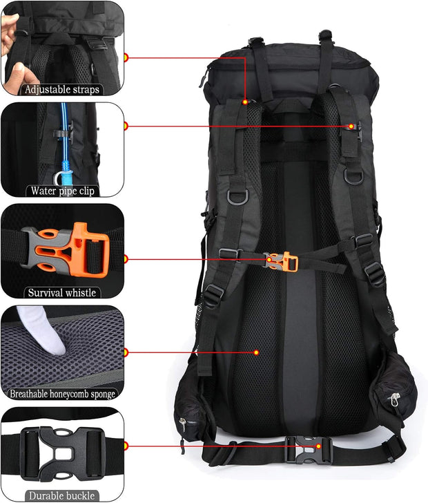 Wandelrugzak - Kampeertas - Trekking rugzak - Camping Essentials Tas - met Regenhoes - 70L - Lichtgewicht - Waterdichte - Nylon - Zwart