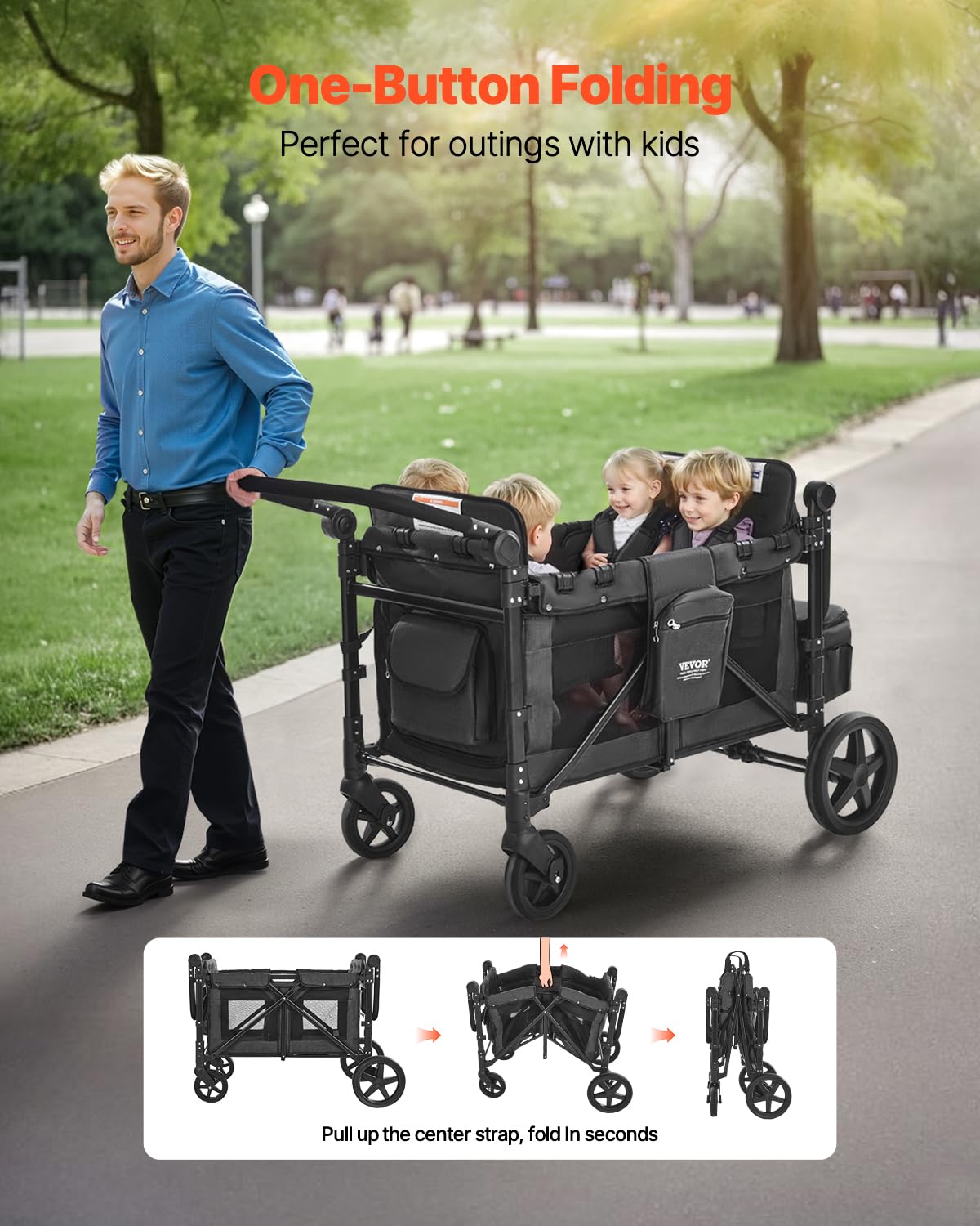 VEVOR Wagon Kinderwagen voor 4 kinderen, Push Pull Quad Opvouwbare Kinderwagen met Verstelbare Handvat, Veiligheidsharnas & Afneembare Luifel, 4-zits Kinderwagen voor Camping, Donkergrijs & Zwart (350