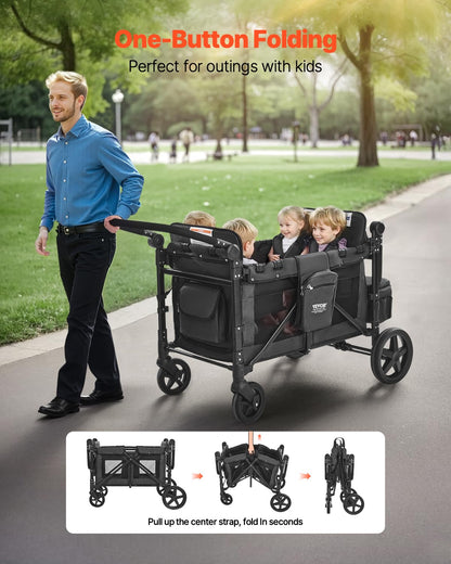 VEVOR Wagon Kinderwagen voor 4 kinderen, Push Pull Quad Opvouwbare Kinderwagen met Verstelbare Handvat, Veiligheidsharnas & Afneembare Luifel, 4-zits Kinderwagen voor Camping, Donkergrijs & Zwart (350