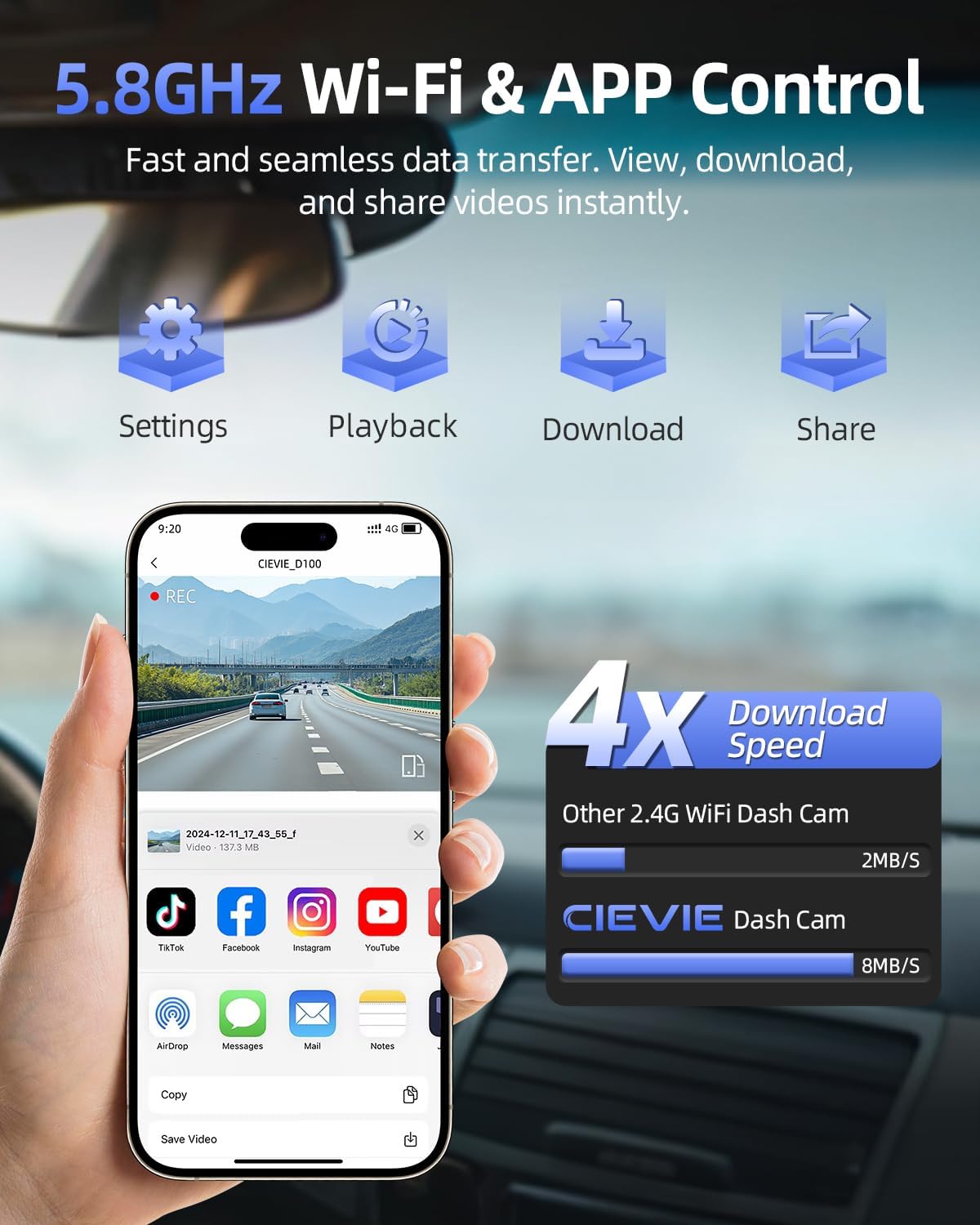 Dashcam Voor En Achter – Autocamera – Dashboardcamera – Auto Camera – Dubbele Lens Dashcam – 4K Frontcamera + 1080P Achtercamera – 5 GHz Wifi En App-Bediening