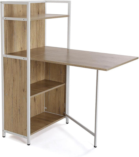 Versa Blumenau Eettafel met schappen voor keuken, terras, tuin of eetkamer, Inklapbaar werkblad, Afmetingen (H x B x H) 120 x 30 x 62 cm, Hout, PVC en Metaal, Kleur Bruin en Wit
