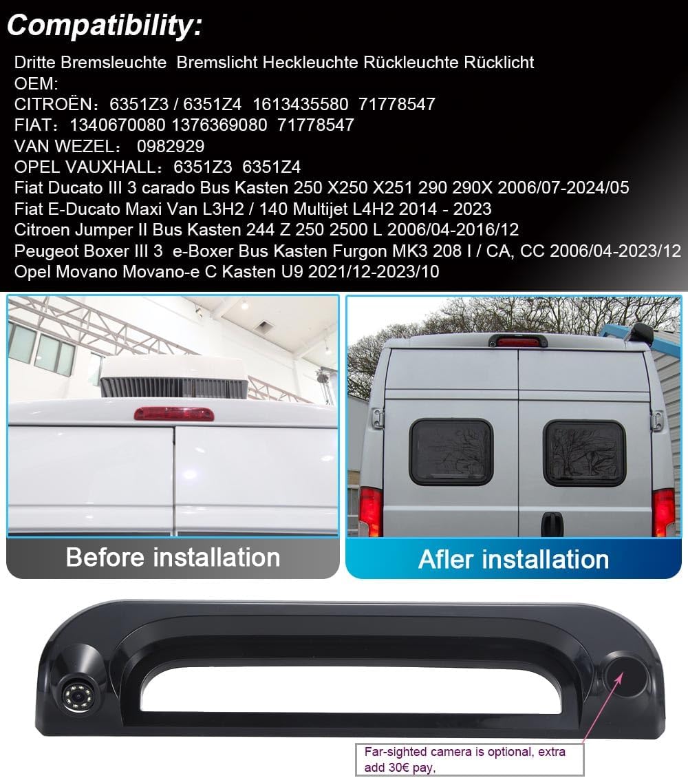 Derde dak Top Mount remlicht camera HD waterdicht remlicht achteruitrijcamera voor Citroën Jumper/FIAT Ducato E-Ducato Maxi L3H2 / WEZEL / VAUXHALL Movano / Boxer (met 7 inch achteruitkijkspiegel)