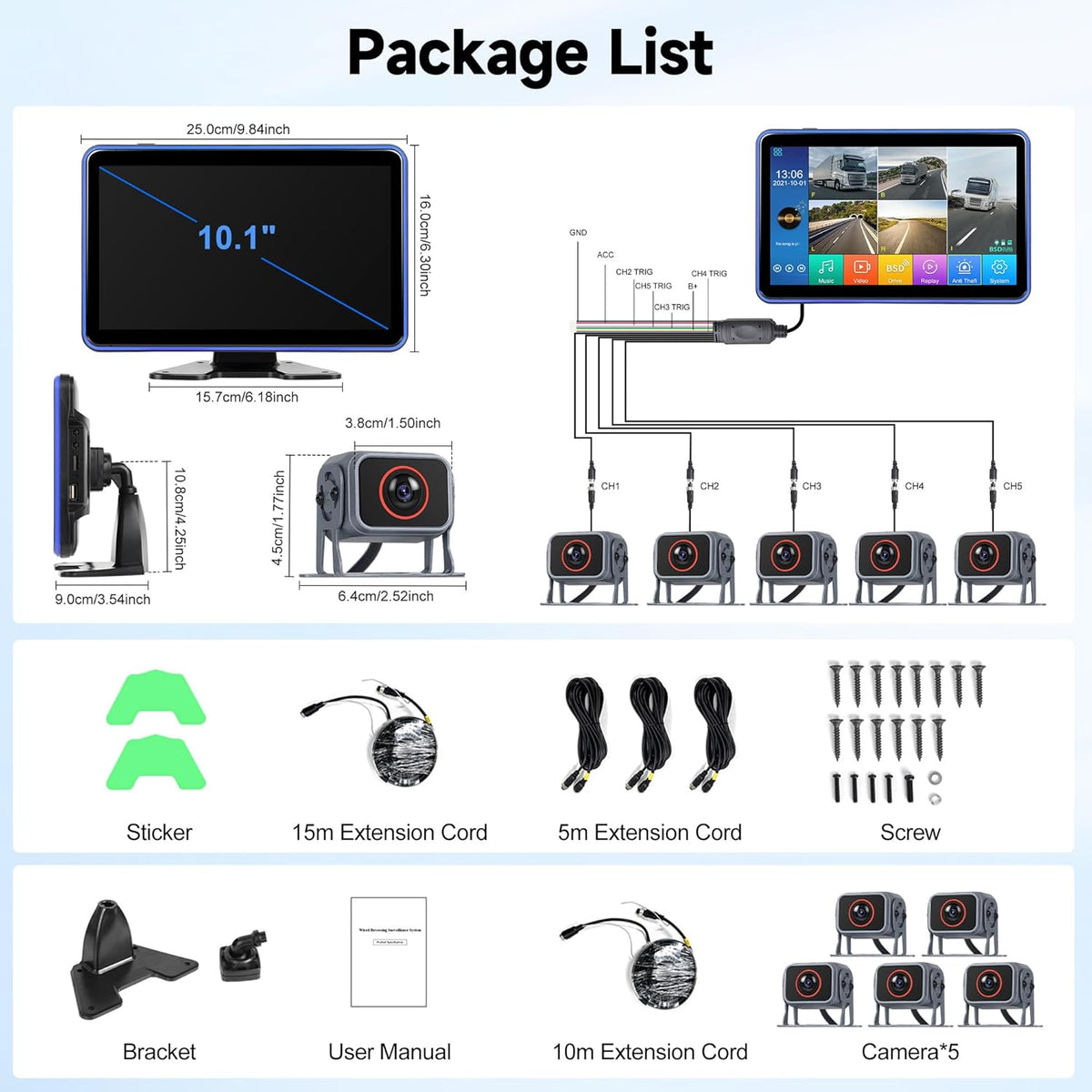 Rimoody Achteruitrijcamera set met 5 camera's met 10,1 inch IPS-display en 5 m + 15 m kabels, IP68 waterdicht, nachtzicht, beeldflip, BSD, loopvideo, DVR