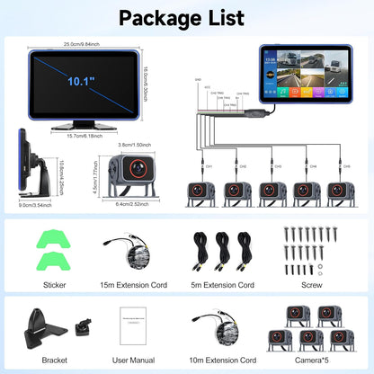 Rimoody Achteruitrijcamera set met 5 camera's met 10,1 inch IPS-display en 5 m + 15 m kabels, IP68 waterdicht, nachtzicht, beeldflip, BSD, loopvideo, DVR