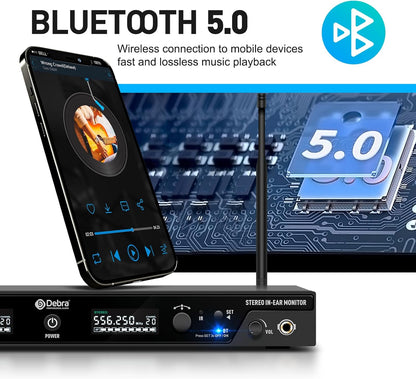 D Debra ST-202 UHF Draadloos In-ear Monitor Systeem met Stereo, Dubbel Kanaal voor Podium, Studio en Band (2 pocket-ontvangers)
