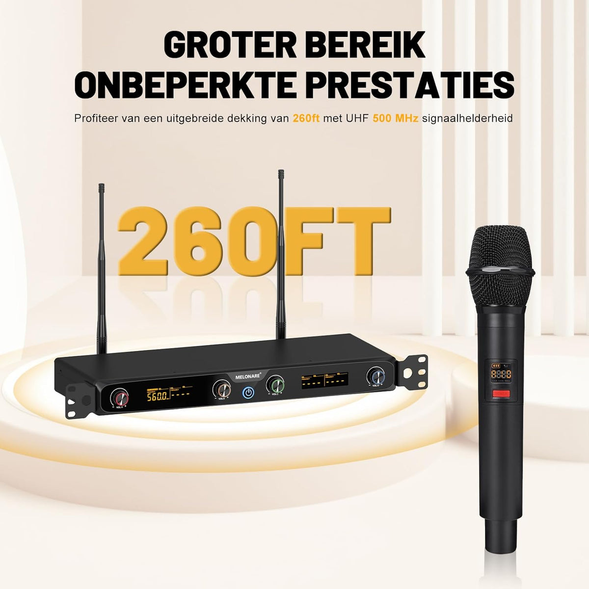 4-Kanaals Draadloos Microfoonsysteem, UHF Rackmount met 4x 10 Frequenties, 260ft Bereik, Dynamisch Handmicrofoon voor Zingen, Karaoke, Kerk, DJ, Feest (MWM-41F)