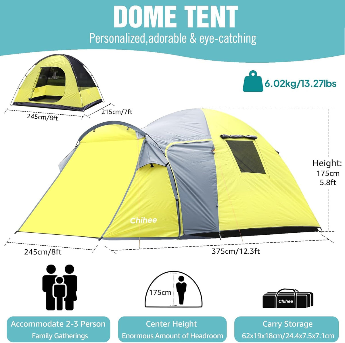 Chihee Campingtent voor 3 personen, dubbellaagse koepeltent, groot, 4 seizoenen, buitenhuis, waterdicht en winddicht, tent met regenbescherming, binnentent, onafhankelijk gebruikt