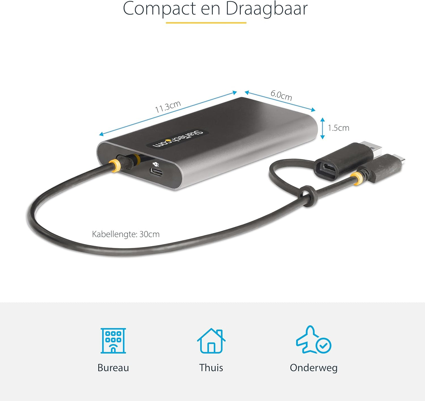 StarTech.com USB-C naar Dual-HDMI Adapter, USB-C of A naar 2x HDMI, 4K 60Hz, 100W Power Delivery Pass-Through, 30cm Ingebouwde Kabel, Multi-Monitor Converter voor Laptop (109B-USBC-HDMI)