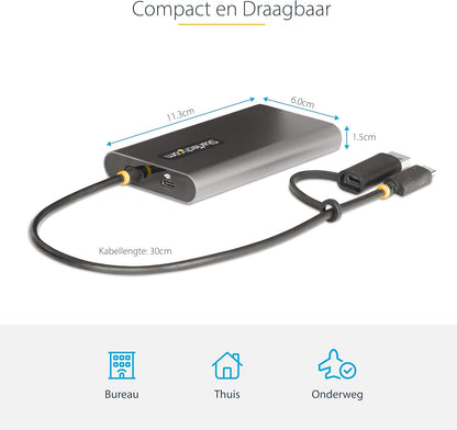StarTech.com USB-C naar Dual-HDMI Adapter, USB-C of A naar 2x HDMI, 4K 60Hz, 100W Power Delivery Pass-Through, 30cm Ingebouwde Kabel, Multi-Monitor Converter voor Laptop (109B-USBC-HDMI)