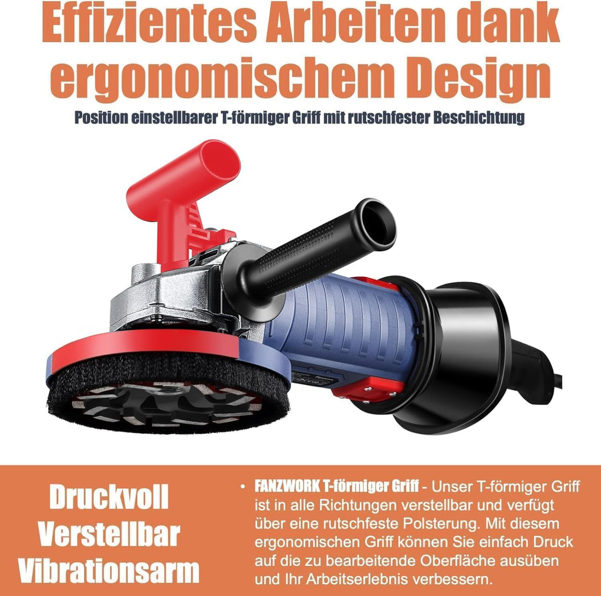FANZWORK 2100 W/180 mm betonschuurmachine, betonfrees, incl. premium 180 mm diamantslijpkop *2, afzuigkap, T-vormige handgreep
