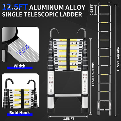 JADDUO Telescopische ladder 3,8 m, aluminium vouwladder met haken, inklapbare treeplank, multifunctionele ladder, draagkracht 150 kg, trapafstand 30 cm