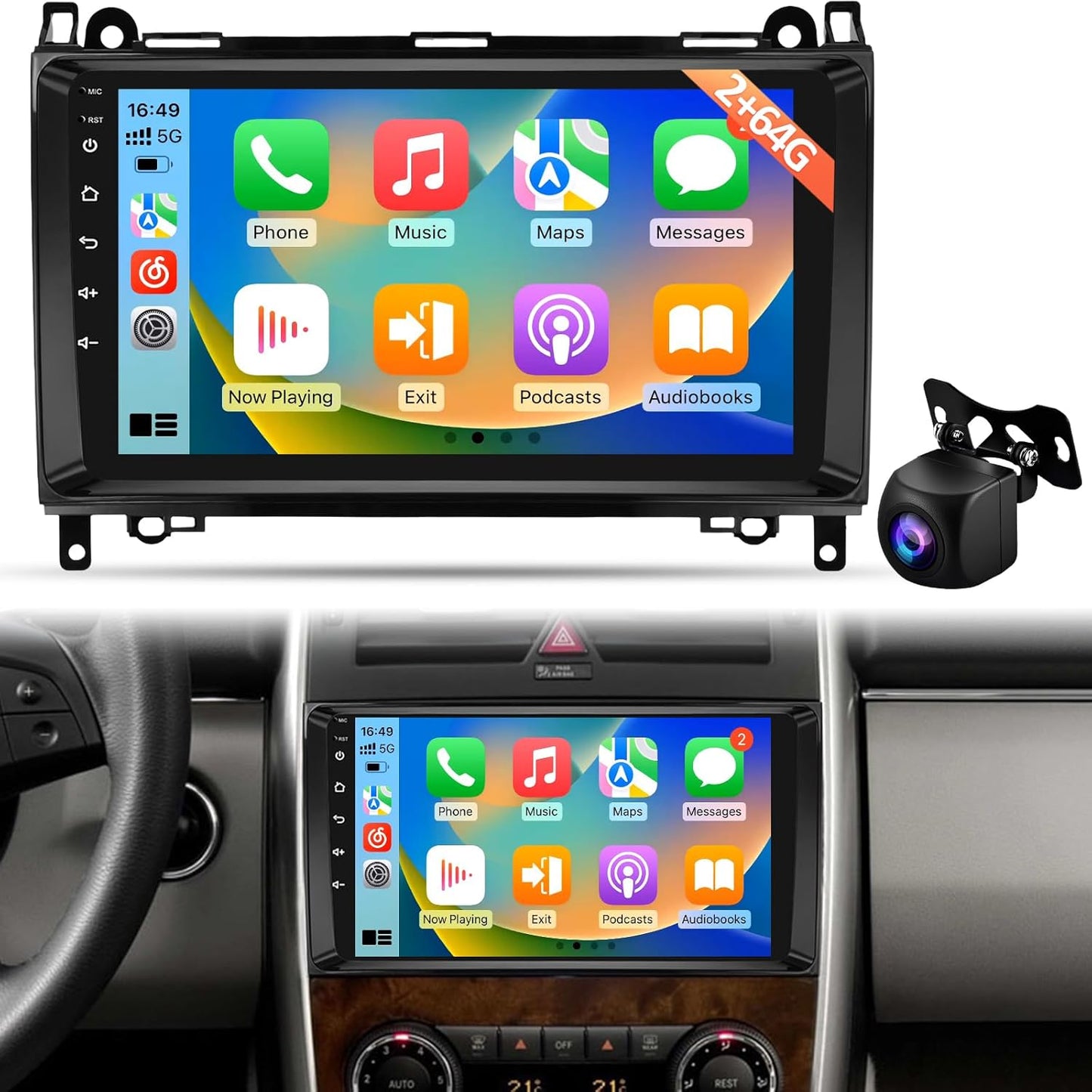 Android Autoradio voor Mercedes Benz A/B/V Klasse & Sprinter W169 W245 B200 Vito Viano, Draadloze CarPlay Android Auto, GPS WiFi, DSP, Plug & Play Radio + Achteruitrijcamera