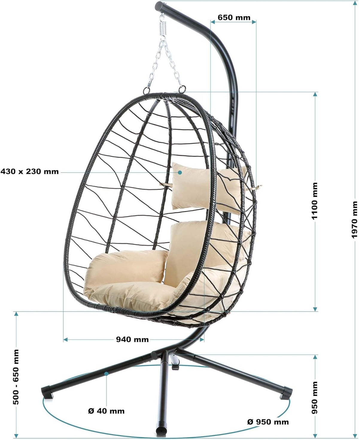 Wiltec hangstoel loungestoel in- en outdoor tot 130 kg cocoon eistoel eggchair met frame en kussens