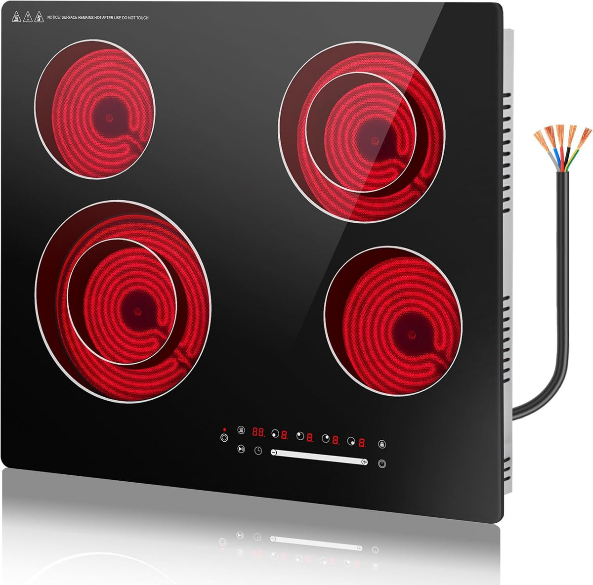 Infrarood kookpan met 4 zones, 60 cm, voor de keuken, elektrische kookplaat, 6700 W, ingebouwde kookplaat, keramische kookplaat, vier ringen, glazen kooktop