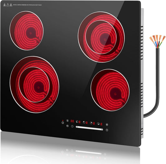 Infrarood kookpan met 4 zones, 60 cm, voor de keuken, elektrische kookplaat, 6700 W, ingebouwde kookplaat, keramische kookplaat, vier ringen, glazen kooktop