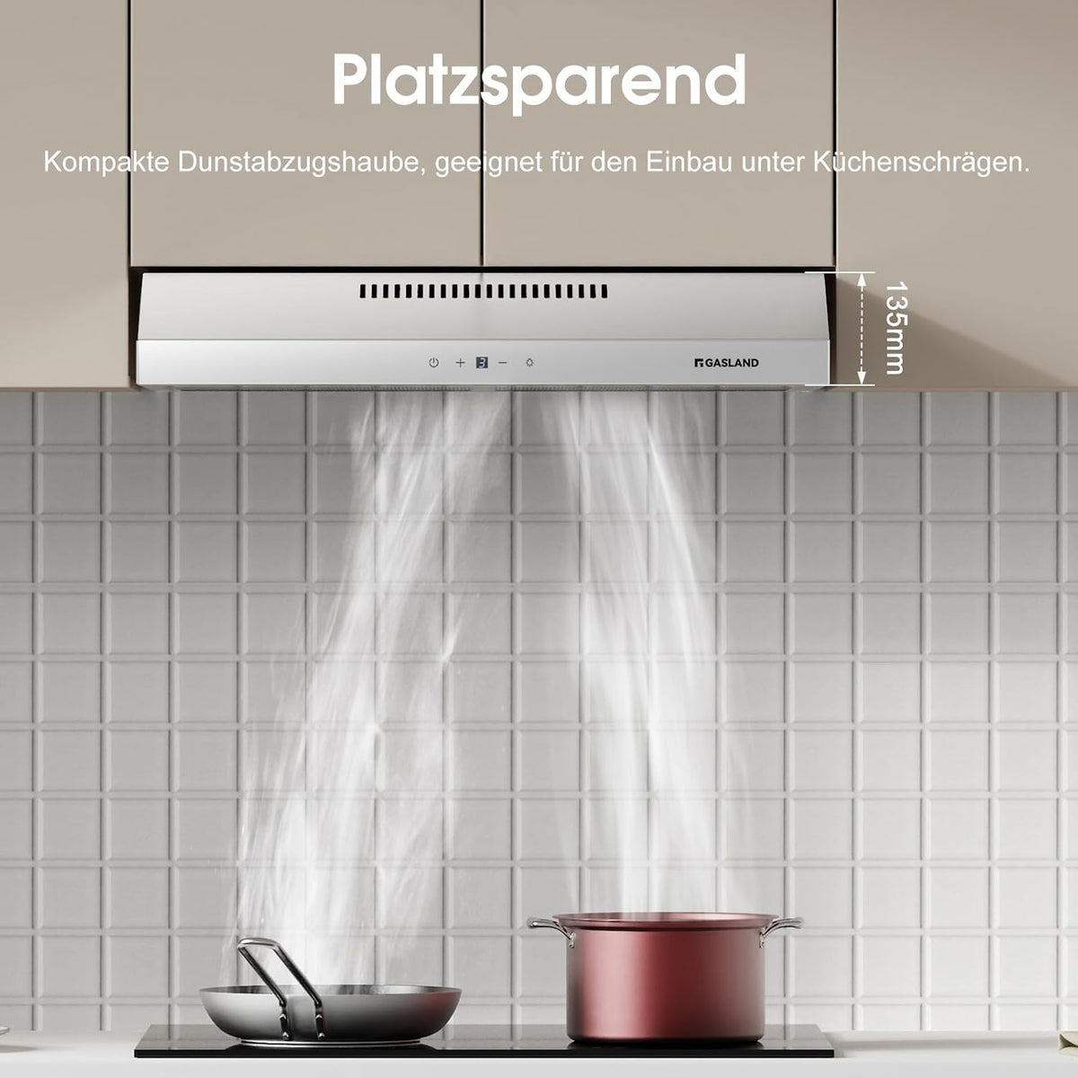 GASLAND SR60WS Afzuigkappen, 60 cm, circulatiemodus, stille afzuiging 214 m³/h, 3 standen touch-bediening, hangende kappen met koolstoffilter CF158, wit metaal met glazen kap