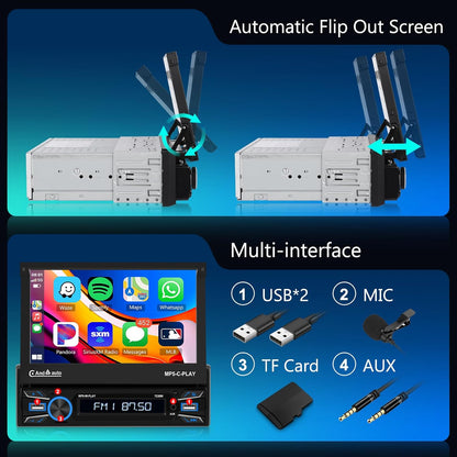 1 DIN Autoradio – Auto Stereo – MP5 Speler – Bluetooth Radio – Multimedia Speler – Gemotoriseerd 7 Inch Flip-Out Touchscreen – Draadloze CarPlay & Android Auto