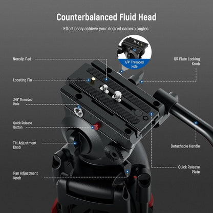 NEEWER Basic 74 inch videostatief met vloeistofkop, metalen camerastatief met gladde wrijvingsdemping, middenniveau, snelkoppelingsplaat compatibel met Manfrotto 501, max. belasting 18 kg, TP37