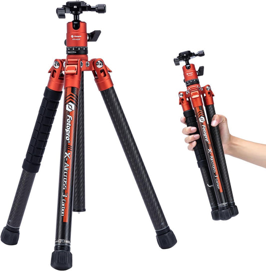 Fotopro 163 cm camerastatief van koolstofvezel met monopod kogelkop 360 1/4 snelontgrendelingsplaat, lichtgewicht reisstatief voor camera, maximale belasting 12 kg, X Aircross 3, oranje
