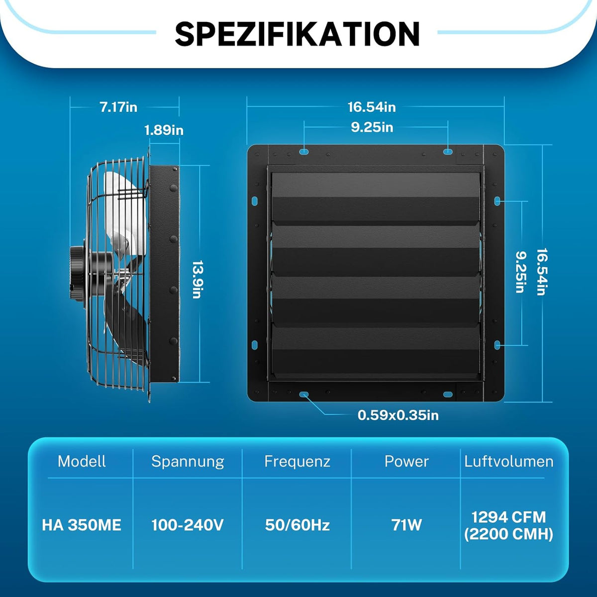 Hon&Guan Industriële afvoerventilator, 350 mm, EC-motor, super luchtverplaatsing, 2200 m³/uur, wandventilator met dochtheidssensor, temperatuursensor, volledig metalen behuizing, vensterluiken,