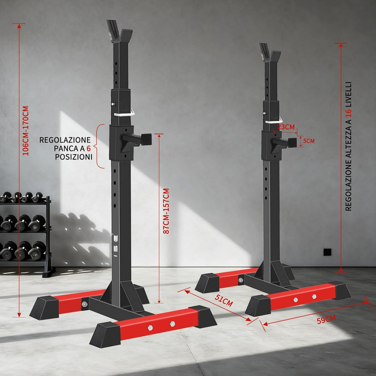 ISE Squat Rack Dumbbell Stand for Home, 6 Height Adjustable Dumbbell Holder, Bench Press Barbell Shelf, Powder Coated Steel Stand, Max. 200 kg Load Capacity, SY-RK1001 - QUORE