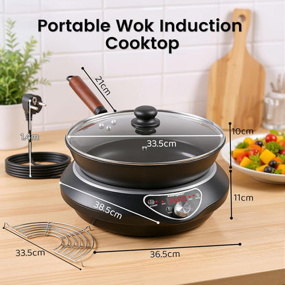 Wok Inductiekookplaat, 2500 W, inductiekookplaat met wok, 12 warmtestanden, kookplaat, inductie, temperatuurbereik 60-240 °C