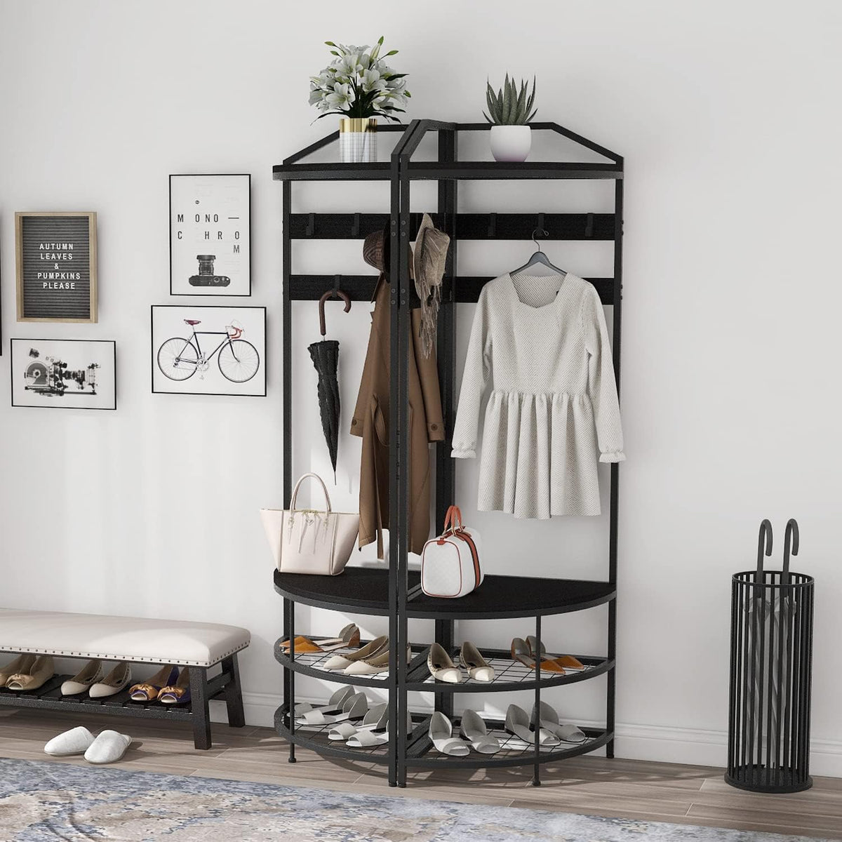 VEDECASA Kapstok, metalen hoekgarderobe, gangboom, vrijstaande kledingstandaard met 12 beweegbare haken en opbergrek voor hal, woonkamer, slaapkamer, kantoor, hal, entree, zwart