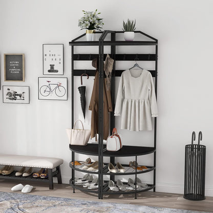VEDECASA Kapstok, metalen hoekgarderobe, gangboom, vrijstaande kledingstandaard met 12 beweegbare haken en opbergrek voor hal, woonkamer, slaapkamer, kantoor, hal, entree, zwart