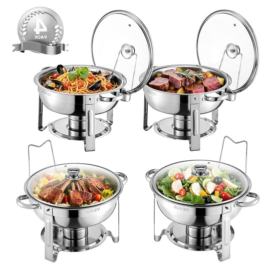 VEVOR 4 Pcs 4.7L Tea Lights, Round Heated Dresser, Stainless Steel Cooker, with 4 Containers in Full Size and Glass Lid, for Buffet with Free Service Hotel, Catering, - QUORE