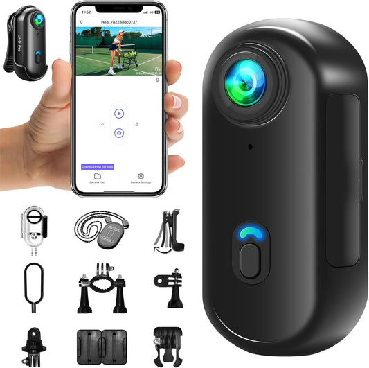Mini-sportcamera, 4 K, mini-actiecamera, wifi, draagbare vlogcamera, POV-camcorder voor buitensporten, 360° bodycam, camera voor fietshelm, multifunctionele accessoires