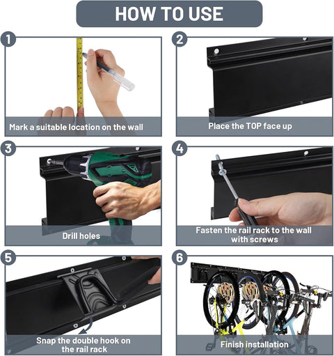 Fietsenrek - Fietsstandaard - Fietshouder - Fietshaak - voor 6 Fietsen  - 5 Helmen - Verstelbare - Verticale Wandfietsophanging - met Framebescherming - voor Woning - Garage - Opslag - Zwart