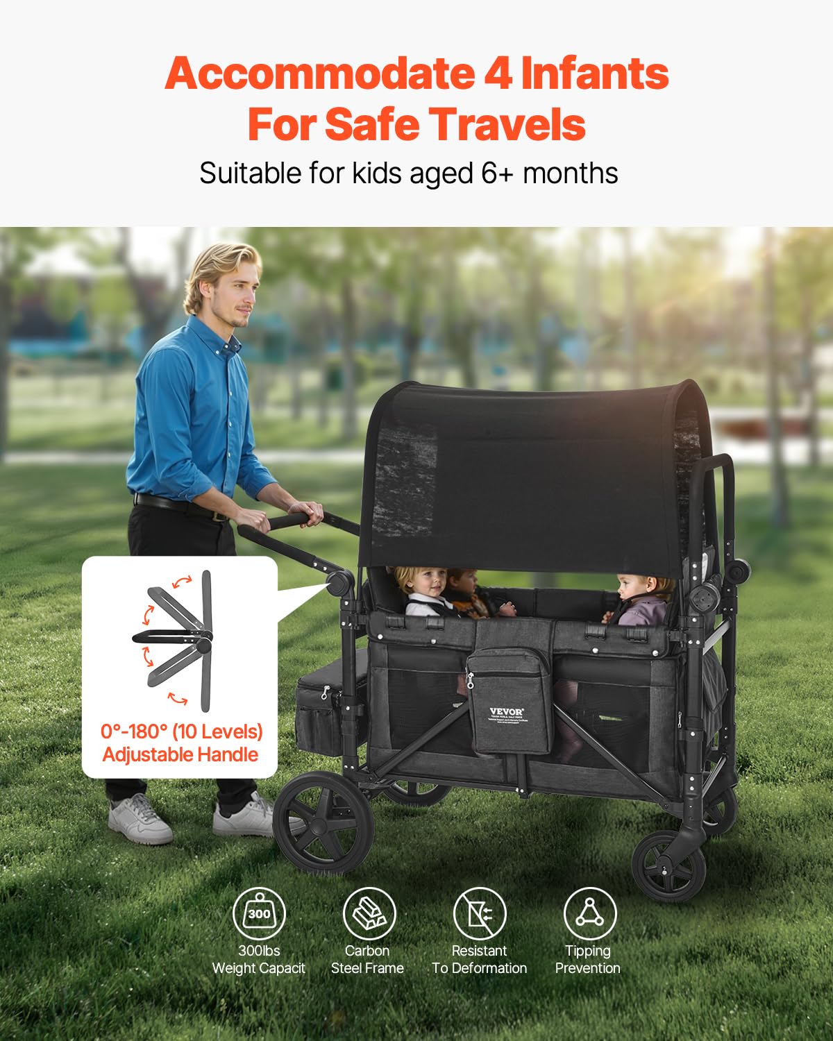 VEVOR Wagon Kinderwagen voor 4 kinderen, Push Pull Quad Opvouwbare Kinderwagen met Verstelbare Handvat, Veiligheidsharnas & Afneembare Luifel, 4-zits Kinderwagen voor Camping, Donkergrijs & Zwart (350