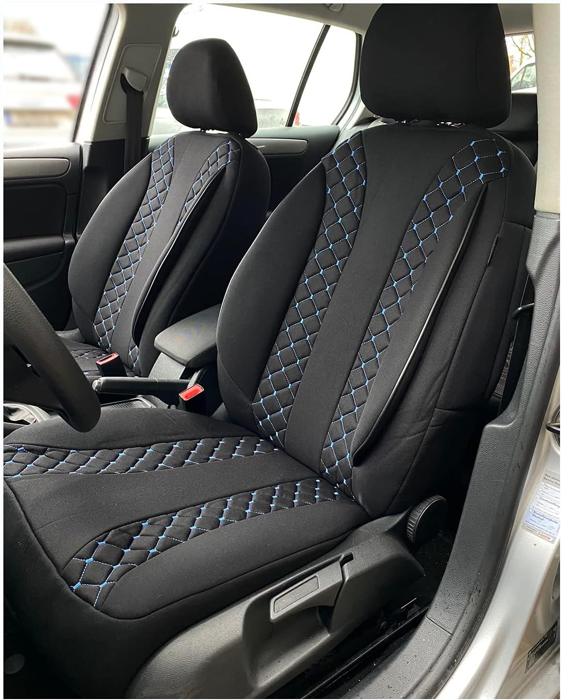 BREMER SITZBEZÜGE Autostoelhoezen compatibel met VW Golf 7, bestuurder en passagierset vanaf 2012-2020, autostoelhoezen, set van 2 stuks, in zwart/blauwe naad (N306)