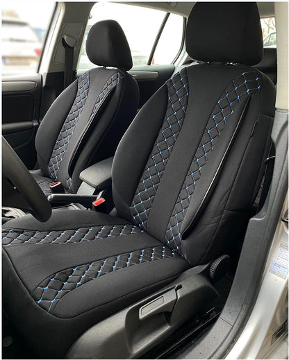BREMER SITZBEZÜGE Autostoelhoezen compatibel met VW Golf 7, bestuurder en passagierset vanaf 2012-2020, autostoelhoezen, set van 2 stuks, in zwart/blauwe naad (N306)