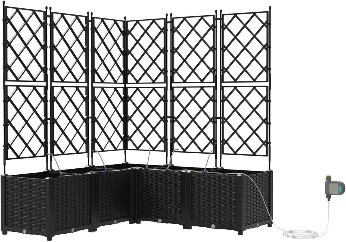 Garden Pots with Irrigation System, Pack of 5, Black, Modern Planters with Trellis for Climbing Planters, Balcony Decoration, Vertical Garden, Solid Construction, Simple - QUORE