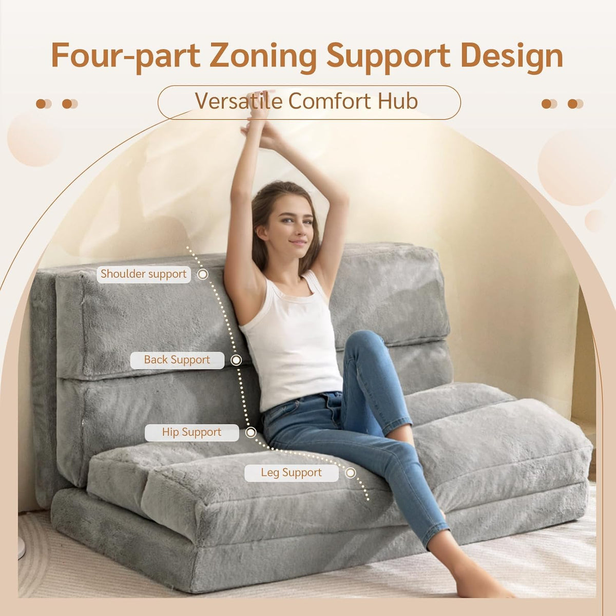 MAXYOYO Zitzak, slaapbank, inklapbaar, vloermatras volwassenen, extra dikke vloerbank, opvouwbaar, 6 vakken, voor slaapkamer, woonkamer, grijs, 135 x 240 cm
