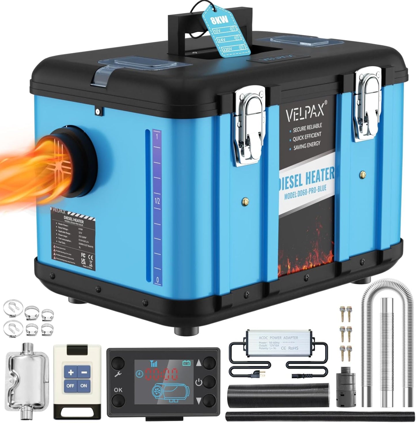 Dieselverwarming 12 V – Standverwarming – Busverwarming – Vrachtwagenverwarming – Staande Verwarming – 8 kW Vermogen – Laag Brandstofverbruik 0,16-0,62 l/u – LCD-Display & Afstandsbediening