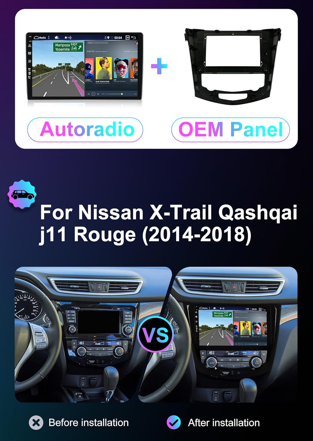 Android 13 2 Din Radio Navigatie voor Nissan X-Trail Qashqai j11 Rouge 2014-2018: [Ingebouwde CarPlay/Android Auto/GPS]-10.1”IPS 2.5D Touchscreen-Support DAB/Bluetooth 5.0/Stuurbediening