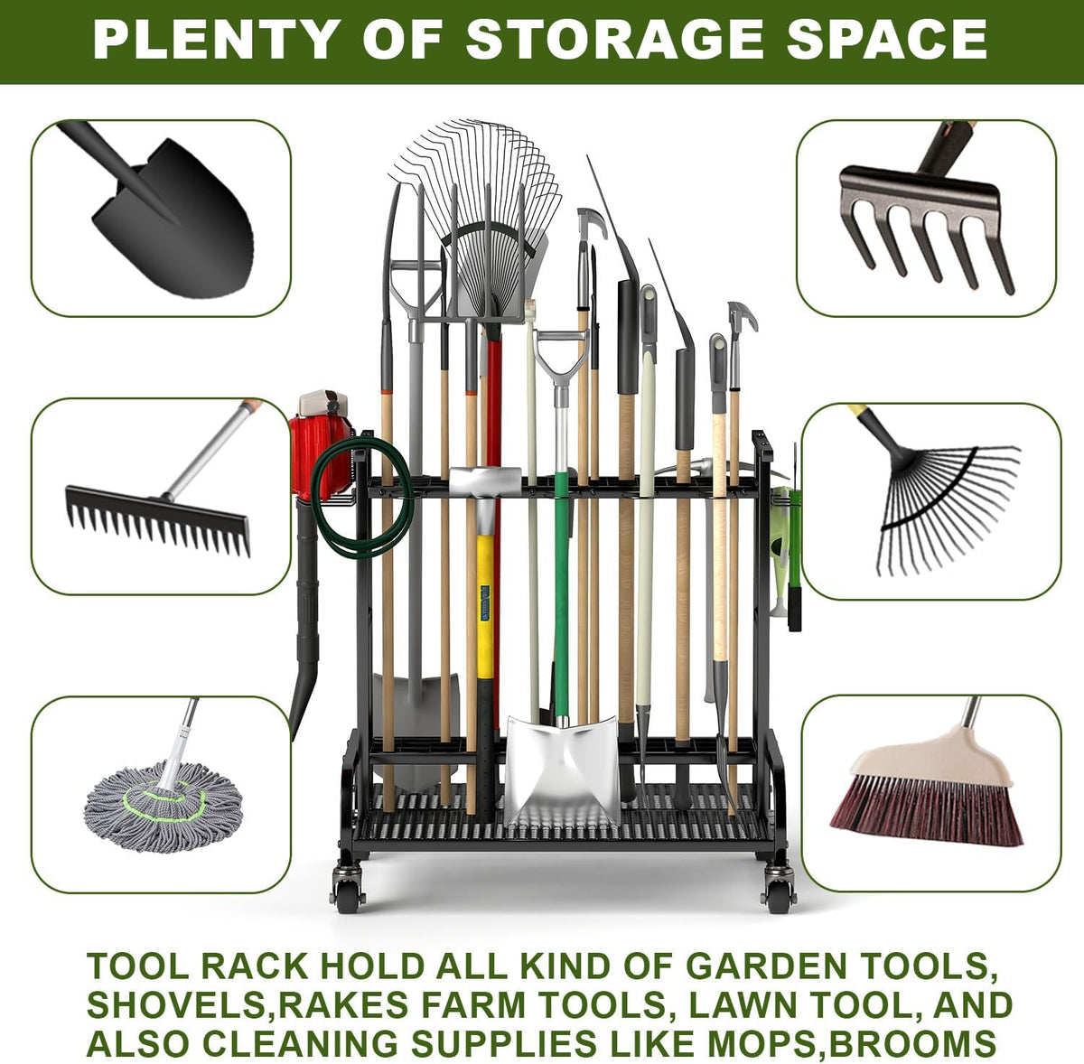 tonchean Opbergorganizer voor tuingereedschap, 360 ° draaibare tuingereedschap, torenrek, trolley met wielen, 3-laags gereedschapshouder, standaard, plank voor garage, tuin, gazon, werkplaats