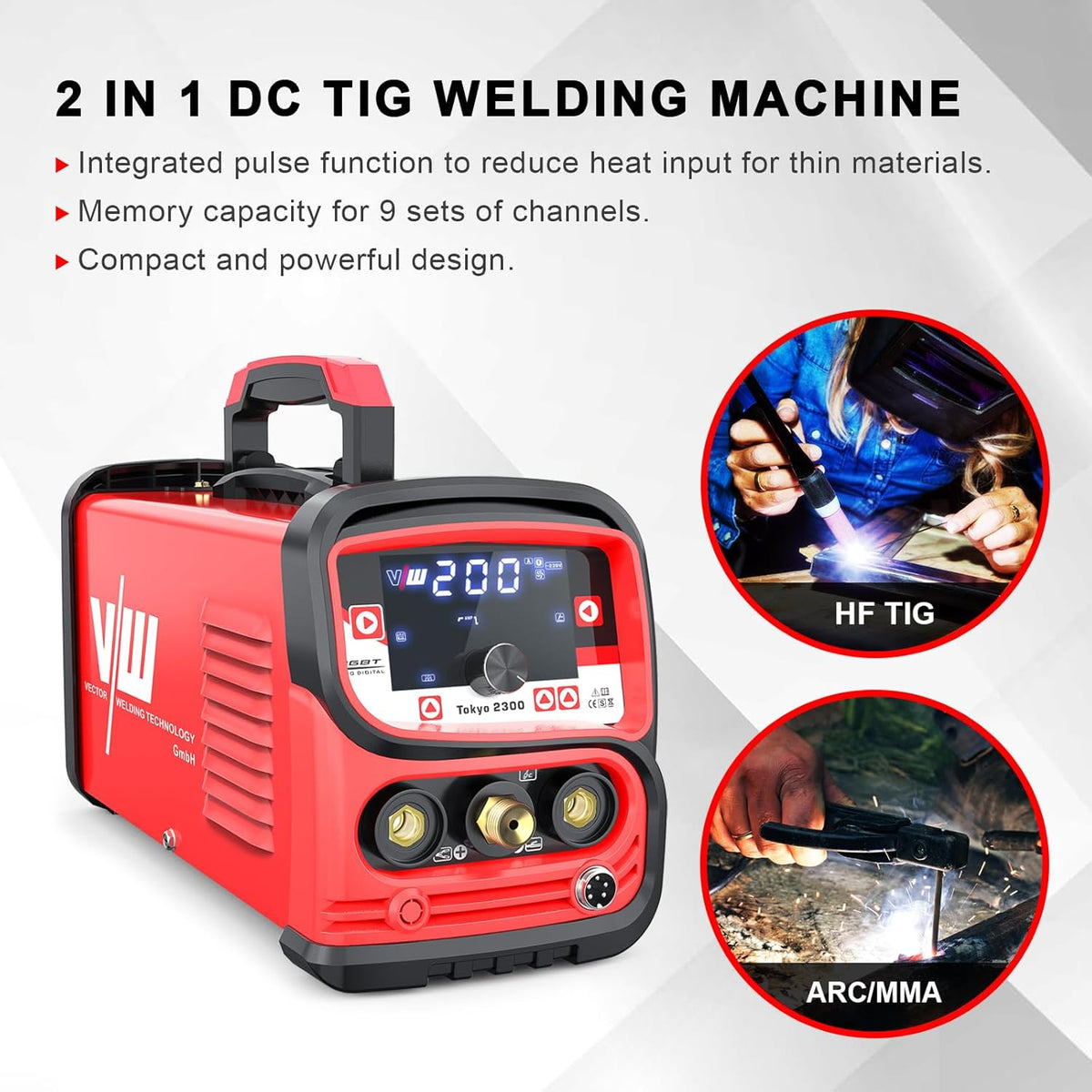 TIG professioneel lasapparaat 200 A, elektrode-las-functie, pulsfunctie, gas pre- en post-run, stroomstijging en -daling, taakgeheugen, inverter, IGBT, Tokyo 2300, Vector Welding