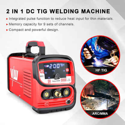TIG professioneel lasapparaat 200 A, elektrode-las-functie, pulsfunctie, gas pre- en post-run, stroomstijging en -daling, taakgeheugen, inverter, IGBT, Tokyo 2300, Vector Welding