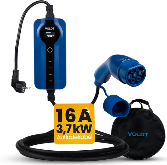 VOLDT Type 2 oplaadkabel Schuko 3,7 kW, 1-fase, 8A - 16A, verstelbare EV-oplader met bestuurbaar digitaal display voor elektrische auto, oplaadkabel voor elektrische voertuigen, IP67 waterdicht
